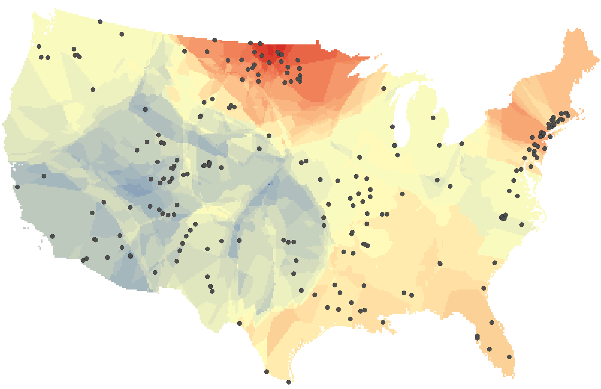 This map shows changes in the salt content of freshwater rivers and streams across the U.S. over the past 50 years. Warmer colors indicate increasing salinity and cooler colors indicate decreasing salinity. The black dots represent the 232 monitoring sites that provided the data. (Image by Chatham University)