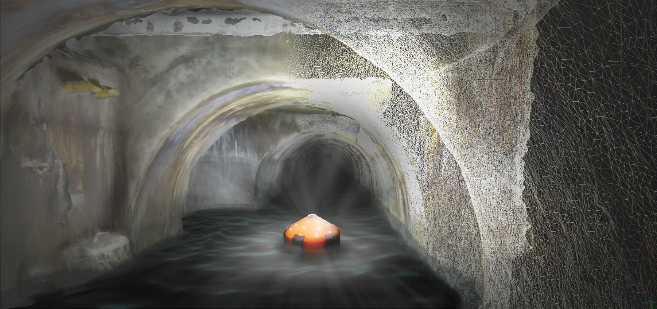 A concept rendering of the SewerScout is shown in the type of 3-D reconstruction of the sewer environment that the mapping technology produces.