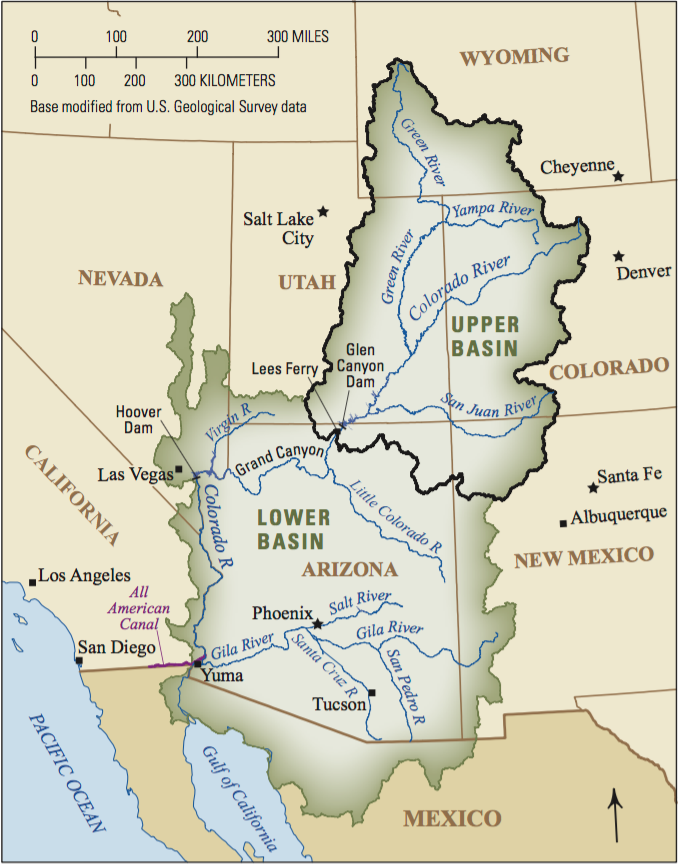 A map of upper and lower Colorado River basins with major rivers and cities. The map also shows upper Colorado River basin outlet at Lees Ferry, Arizona. (Image courtesy of USGS)