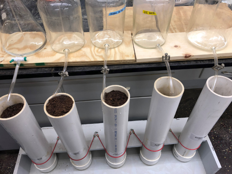 The study looked at artificial rainwater soaking experiments with different materials in the bioretention cells to test for a better way to build bioretention cells. The tests differed in their composition of sand, soil, zeolite and peat moss. One finding was that zeolite helped water soak in faster, and it retained more nitrogen than typical materials. (Photo by Caitlin Sweeney)